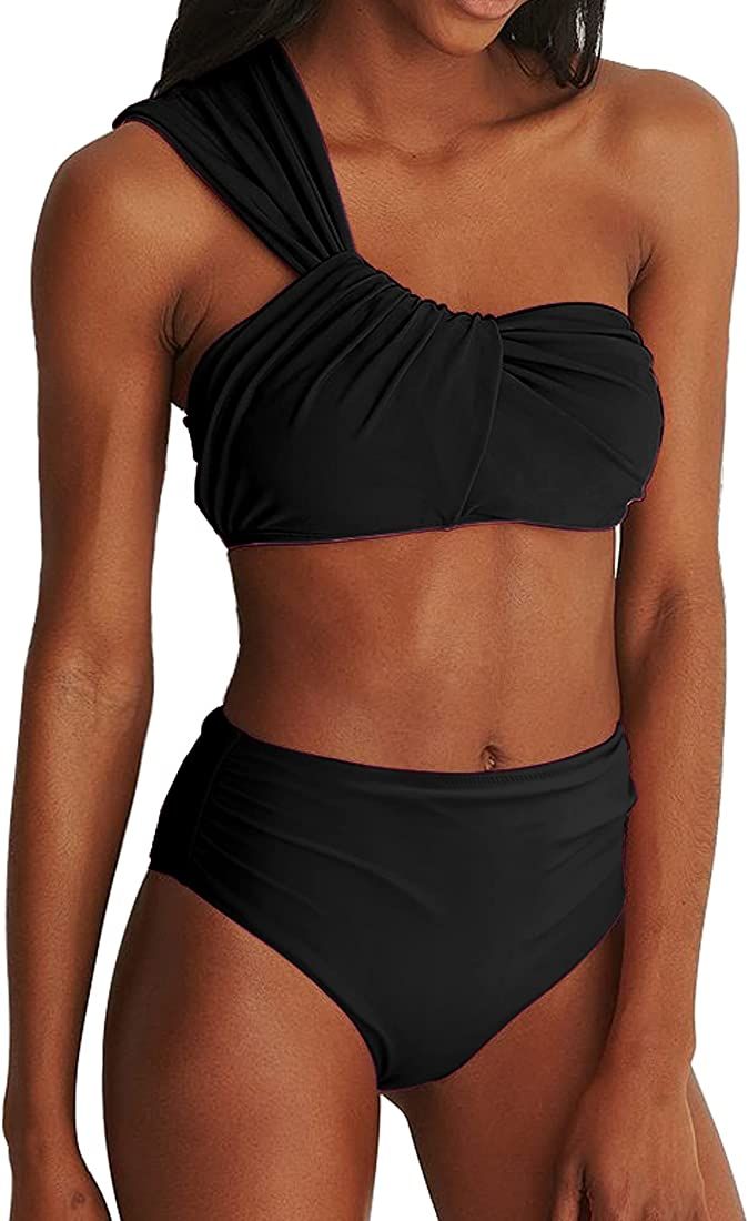ZINPRETTY One Shoulder Swimsuits for Women Ruched High Waisted Bikini High Cut Cheeky Bathing Sui... | Amazon (US)