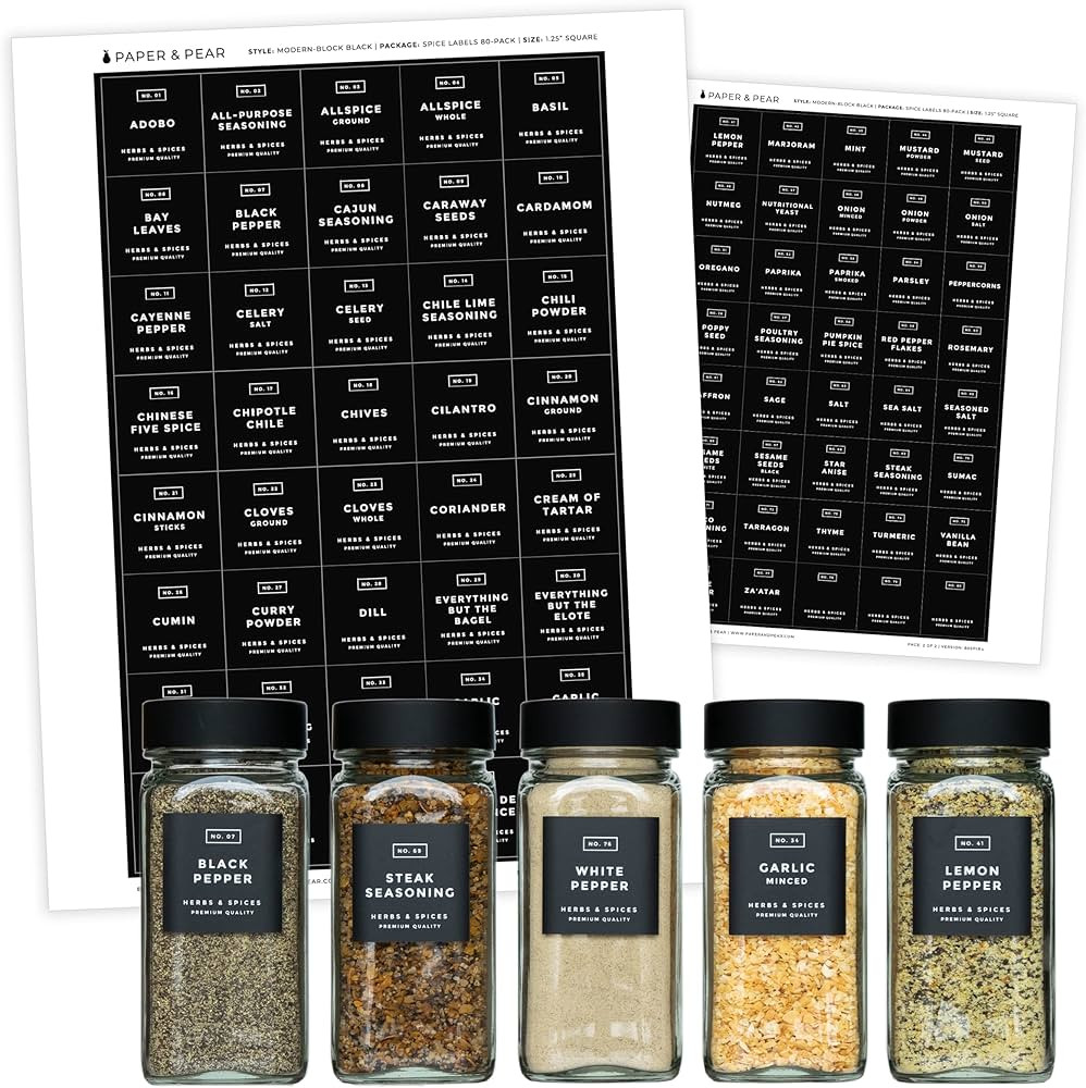 Modern Block-Black Spice Labels (no jars) by Paper & Pear - Oil Resistant Kitchen Pantry Labels -... | Amazon (US)
