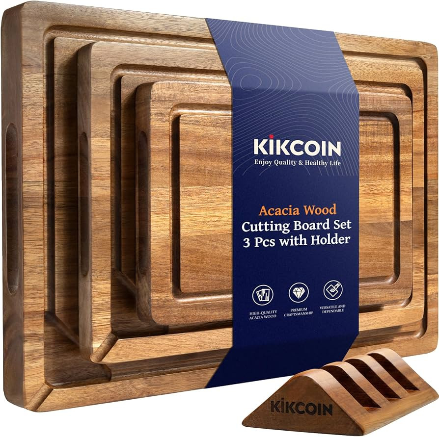 Kikcoin Wood Cutting Boards for Kitchen, 3 PCS Wooden Cutting Board Set with Holder, Chopping Boa... | Amazon (US)