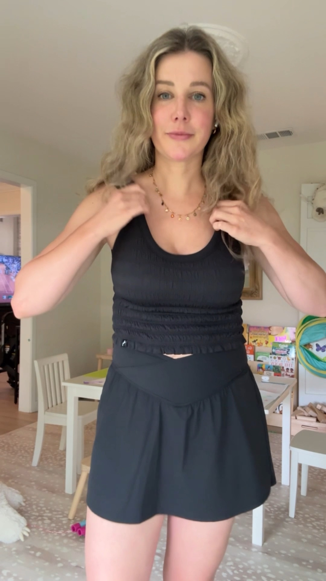 Medium in skirt and large in top (sized up for top, usually a medium!)

#LTKActive