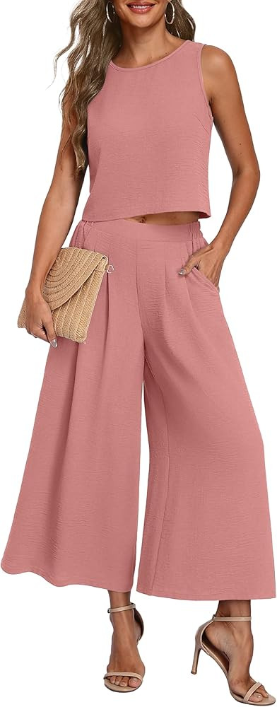 Lepunuo Womens Summer 2 Piece Outfits Sleeveless Crop Top Flowy Wide Leg Pants Matching Sets Vaca... | Amazon (US)