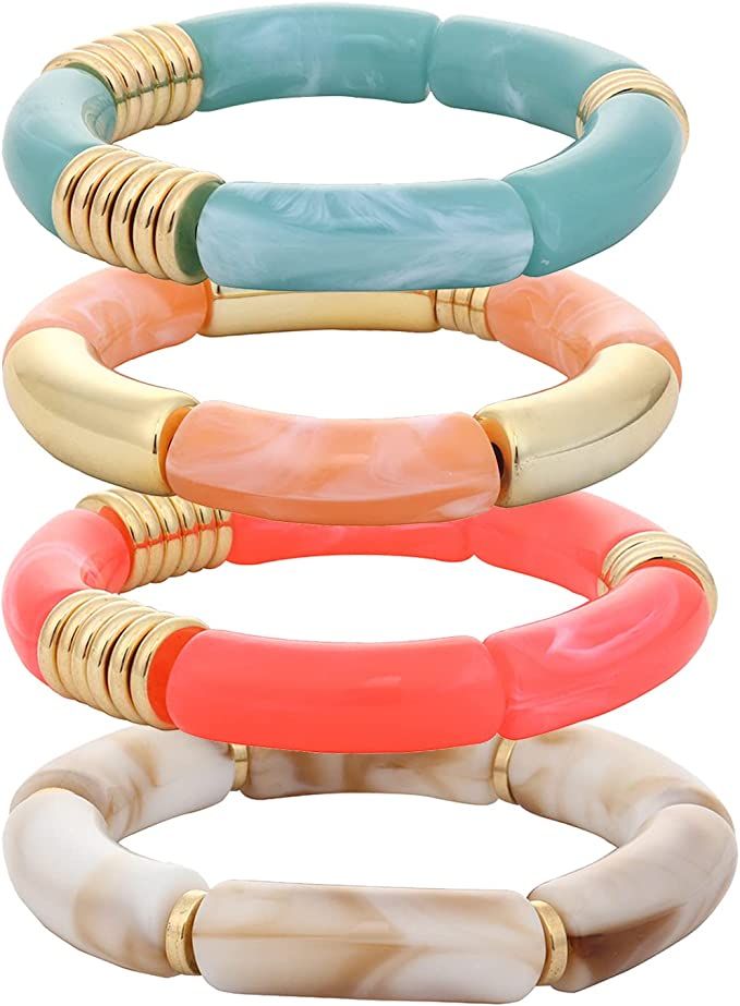 Chunky Bamboo Tube Bracelets Colorful Curved Resin Stretch Bracelet Gold Stacking Bangles Acrylic... | Amazon (US)