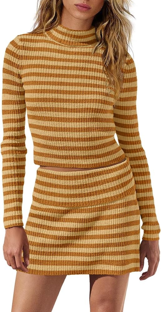 LAMISSCHE Womens Striped Sweater Skirt Set 2 Piece Outfits Ribbed Knit Long Sleeve Sweater Mini S... | Amazon (US)