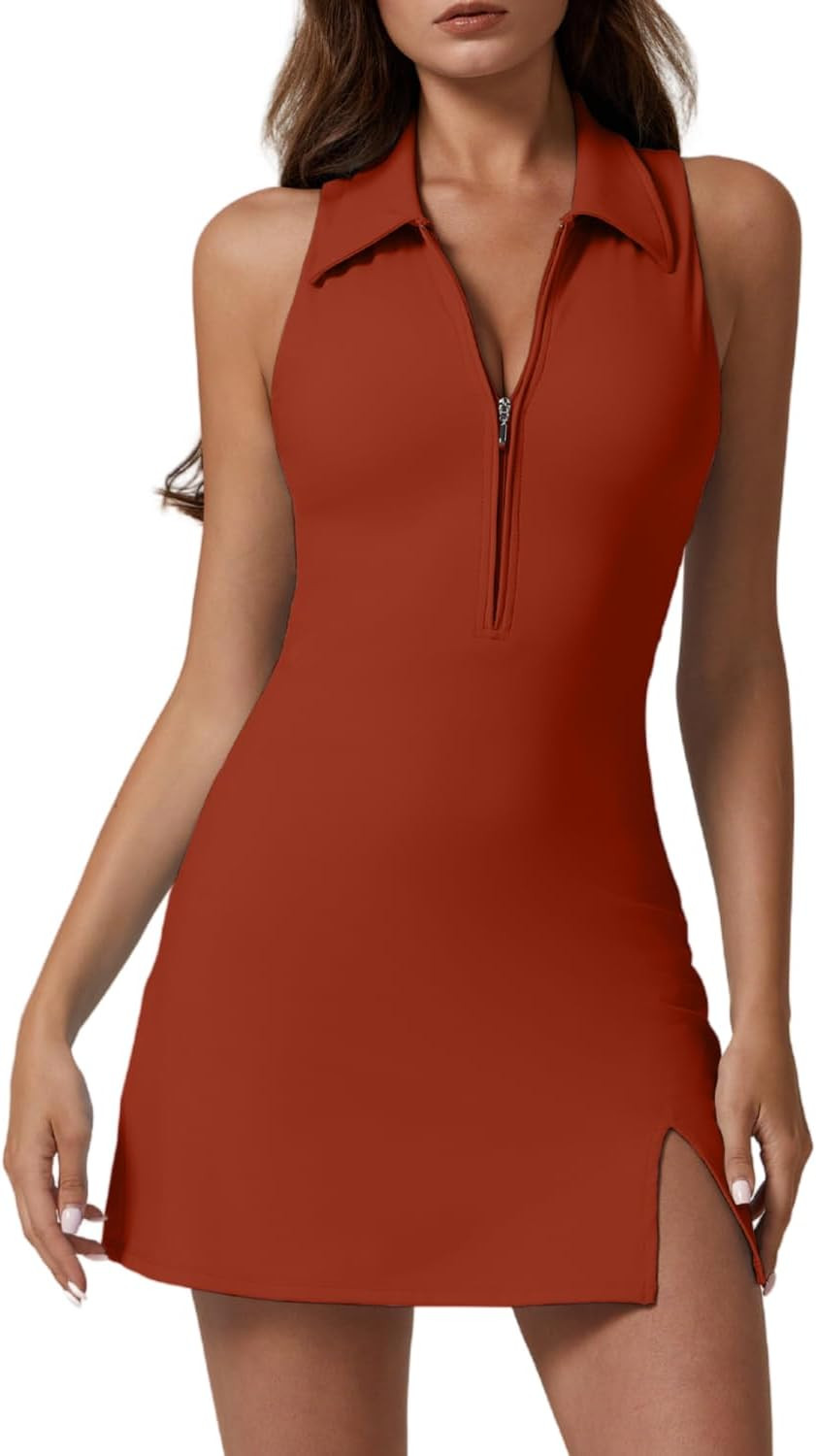 QINSEN Womens Zip Front Tennis Dress Polo Collar Racer Back Workout Golf Dresses Build in Shorts with Pockets | Amazon (US)