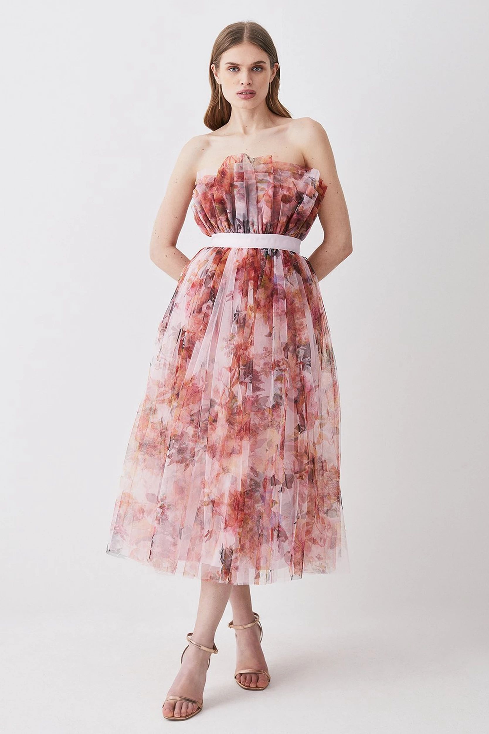 Floral Corseted Tulle Midi Dress | Karen Millen UK + IE + DE + NL