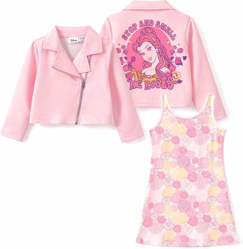 Disney Princess Ariel Belle Minnie Toddler Girl Fall Outfits: Sleeveless Dress and Motorcycle Jac... | Amazon (US)