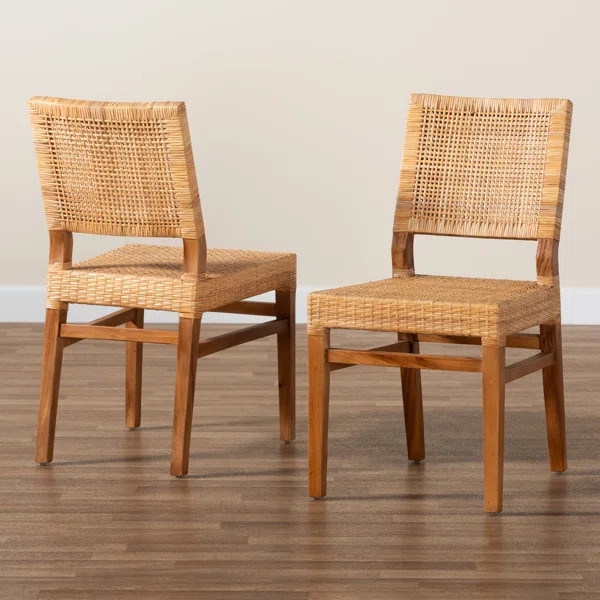 Lesia Wicker/Rattan and Mahogany Wood Solid Back Side Dining Chair in Natural Brown | Wayfair North America