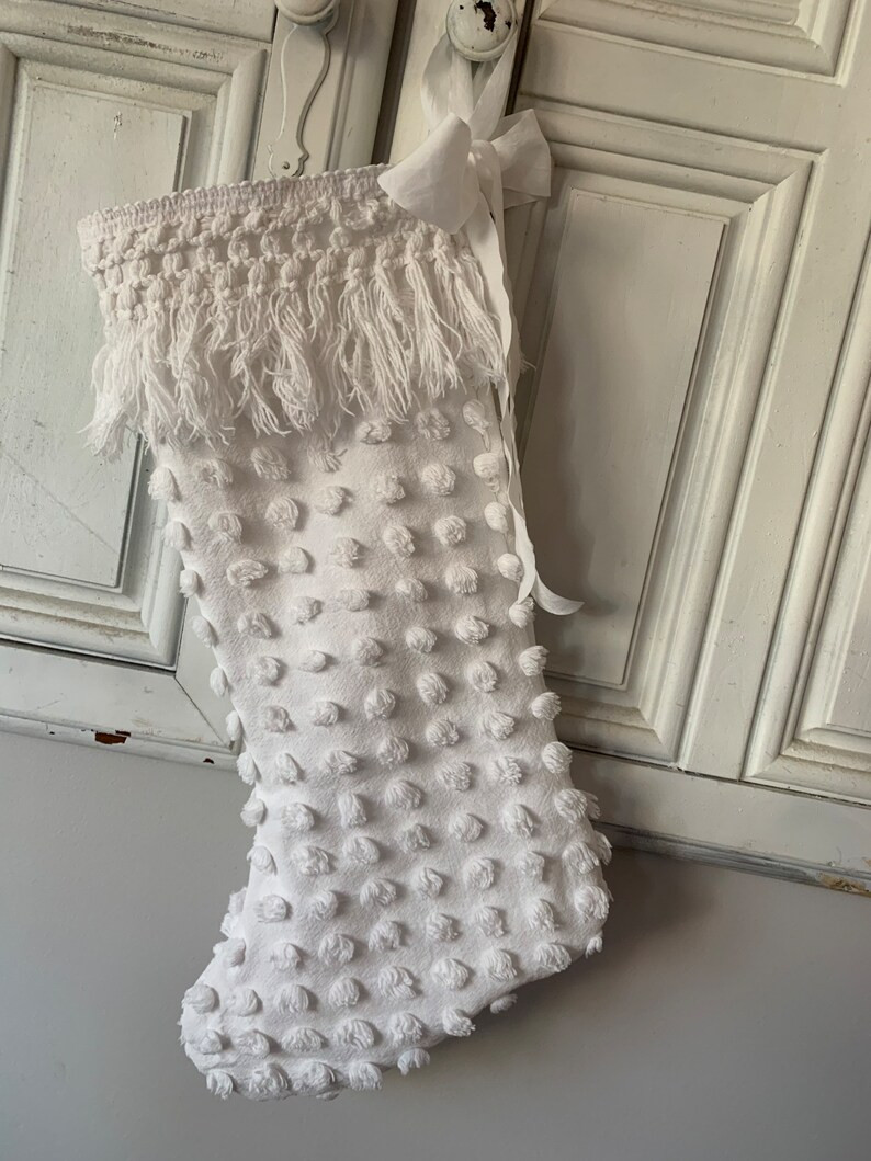 Chenille Christmas stocking, white Christmas stocking, farmhouse inspired ornament, farmhouse dec... | Etsy (US)