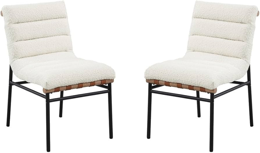 Lahni White Boucle Fabric Set of 2 Dining Chair with Black Iron Legs | Amazon (US)