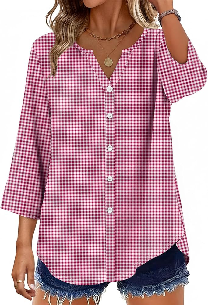 OFEEFAN Button Down Shirts for Women 3/4 Length Sleeve Tops V Neck Blouses Business Casual Outfit... | Amazon (US)