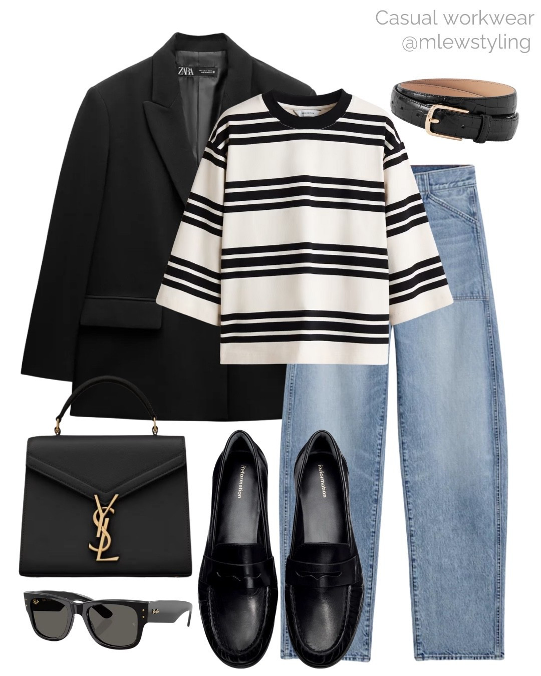Casual office outfit for early spring 🖤

Tags: Late winter workwear, new in Zara black blazer, striped T-shirt, madewell jeans, ysl top handle bag, black leather loafers, rayban sunglasses, black and gold belt, capsule wardrobe 

#LTKootd #LTKFindsUnder100 #LTKWorkwear