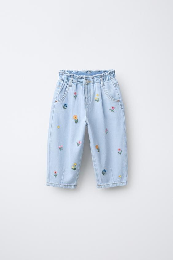 BAGGY PAPERBAG JEANS WITH EMBROIDERED FLOWERS | Zara US