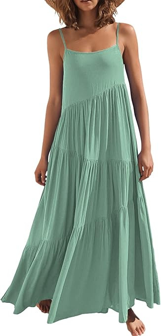 ANRABESS Women’s Summer Casual Loose Sleeveless Spaghetti Strap Asymmetric Tiered Beach Maxi Lo... | Amazon (US)