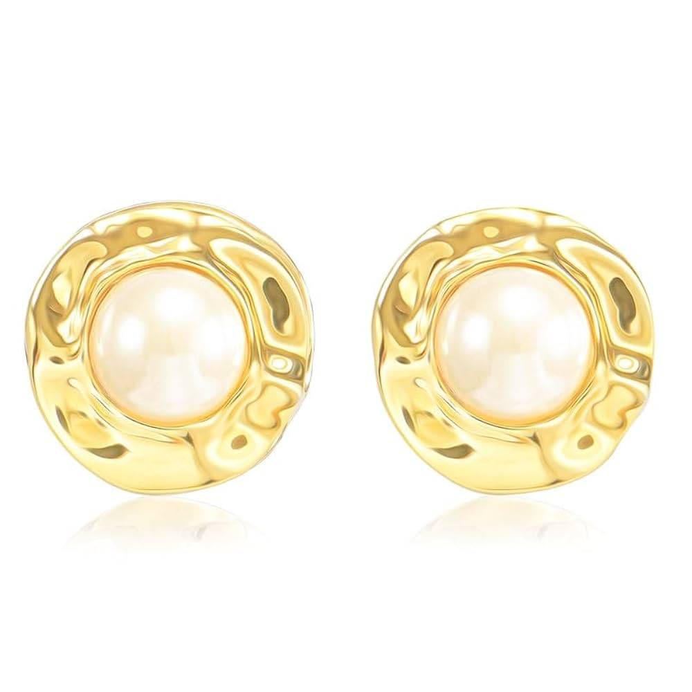 Pearl Stud Earrings for Women, Faux Large Gold Pearl Earrings Studs, Dainty White Big Pearl Earri... | Amazon (US)