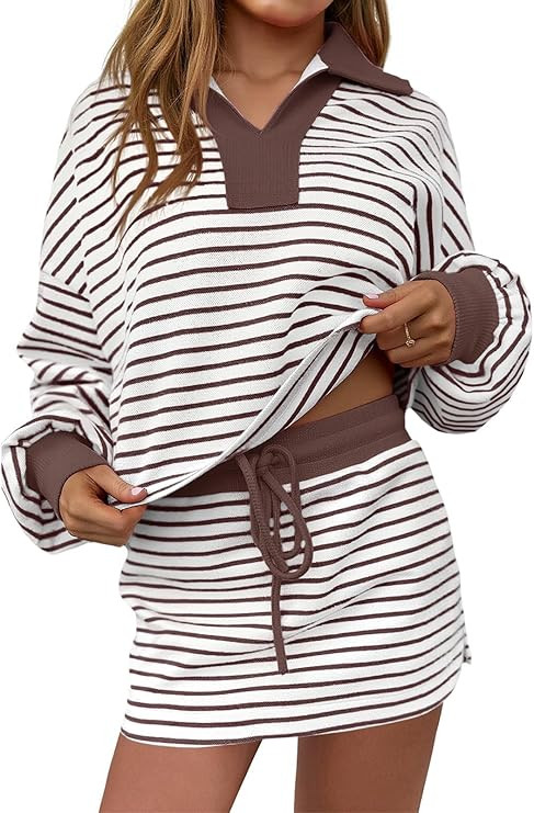 Fisoew Womens Striped 2 Piece Outfits Casual Sweatshirt Skirt Set Long Sleeve Skort Workout Set M... | Amazon (US)