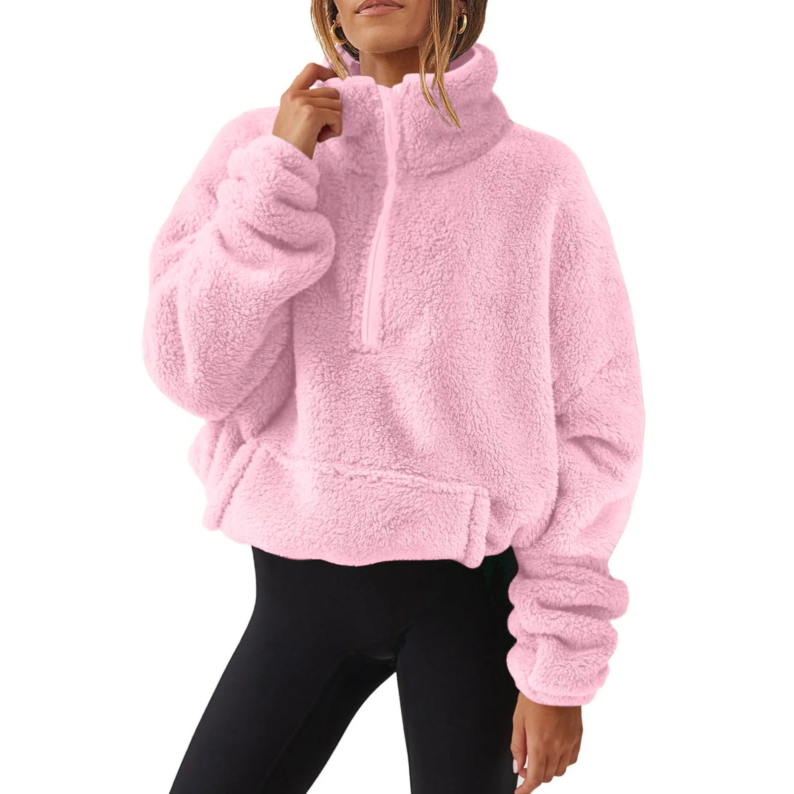 Oversized Half Zip Sweatshirt for Women Sherpa Pullover Tops with Pockets Fuzzy Fleece Stand Coll... | Walmart (US)