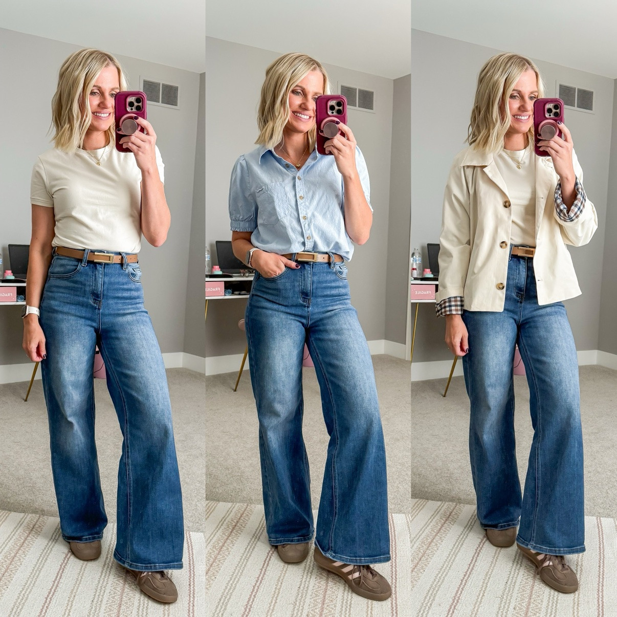 Fall Capsule 2026 🍂 Three ways I'm styling my medium-wash wide-leg jeans! This is look 1 of 9 with this piece — my 20-piece capsule mixes and matches into 120 outfits. Which one is your favorite?! Shop the pieces on my LTK! 🤎 

 #fallcapsulewardrobe #capsulewardrobe #falloutfits #fallfashion #petitestyle #affordablefashion #ltkstyle #ltkfall