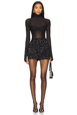 Conry Sequin Cuff Short in Black Sequin Shorts Outfit Black Sheer Top Long Sleeve Black Top | Revolve Clothing (Global)