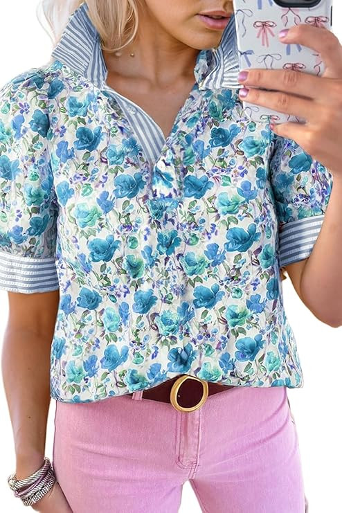 Apvirdy Floral Print Ruffle Short Sleeve Blouse for Women Striped Button Collared Casual Summer S... | Amazon (US)