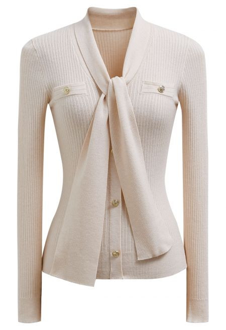 Golden Button Tie-Sash Knotted Fitted Knit Top in Nude | Chicwish
