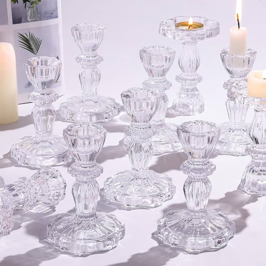 12pcs Taper Candle Holders, Candlestick Holders, Glass Candle Holder - Vintage Flower Design Cand... | Amazon (US)