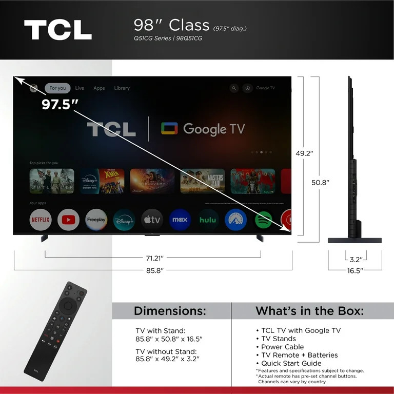 TCL 98" Q Series (NEW 2025) 4K QLED, 144Hz, Dolby Vision HDR & Dolby Atmos Google TV, including B... | Walmart (US)