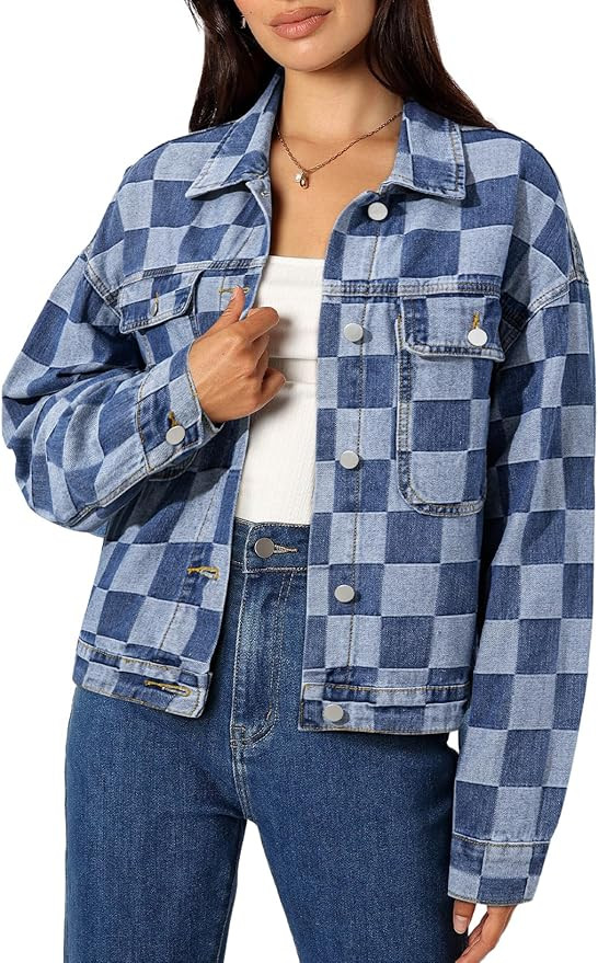 Sidefeel Women's Oversized Denim Jacket Casual Plaid Pockets Jean Jacket Autumn Spring | Amazon (US)
