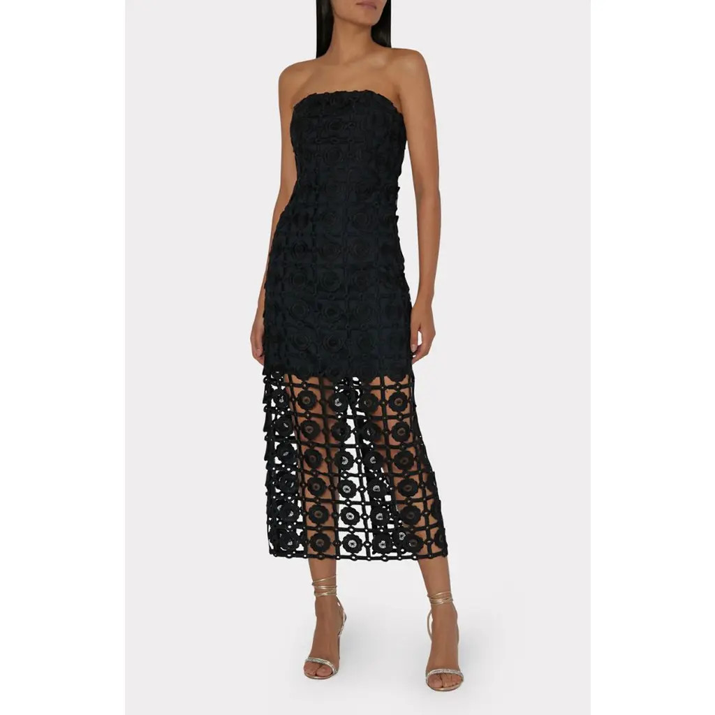 Milly Kait Lace Strapless Midi Dress in Black at Nordstrom, Size 6 | Nordstrom