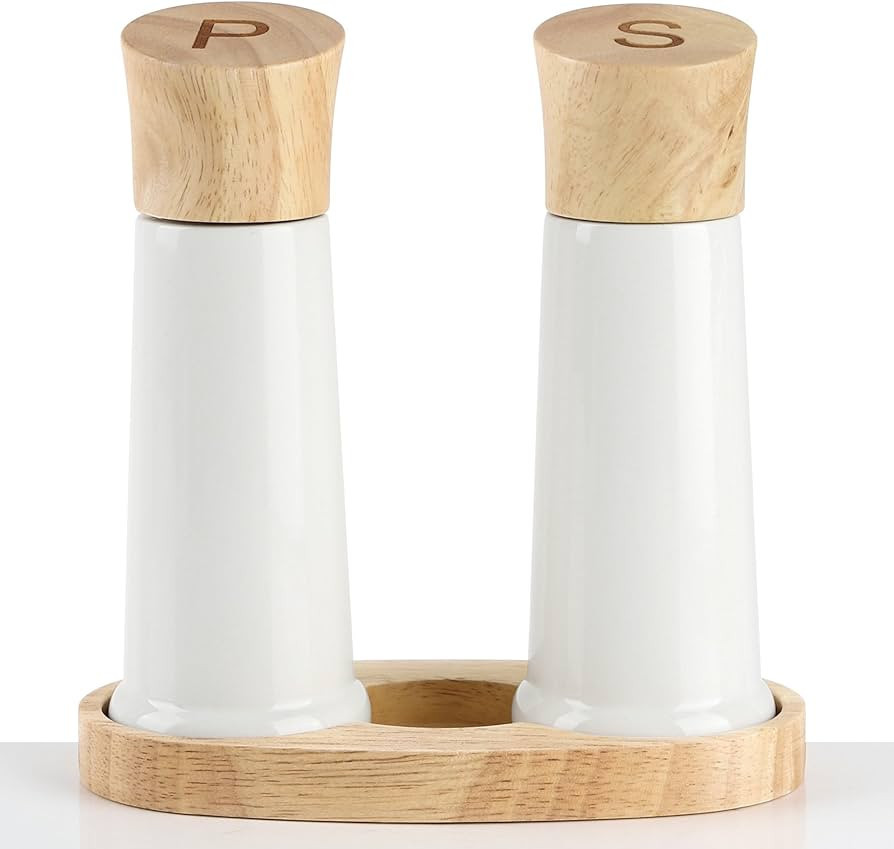 Tessie & Jessie Wooden Salt and Pepper Grinder Set with a Wood Tray, Premium Beach Wood, Elegant ... | Amazon (US)