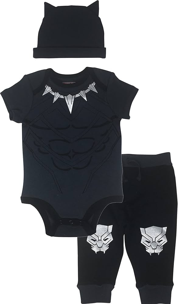 Marvel Avengers Black Panther Baby Cosplay Bodysuit Pants and Hat 3 Piece Outfit Set Newborn to I... | Amazon (US)