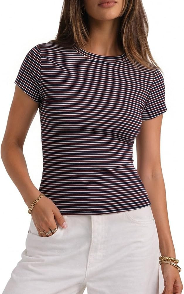 CHYRII Womens Lyocell Summer Tops Striped Casual Short Sleeve T Shirts | Amazon (US)