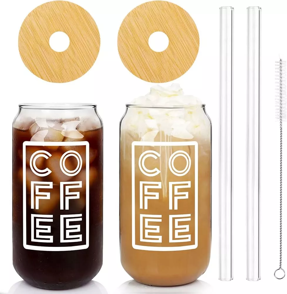  ANOTION Iced Coffee Cup, Mason Jar with Lid and Straw