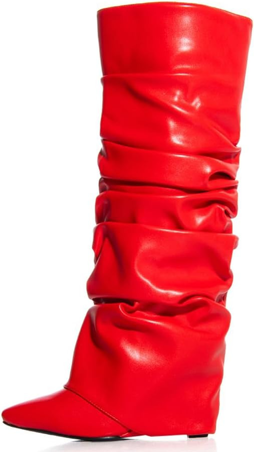 Yishaweiqi Slouched Ruched Fold Over Boots for Women Covered Wedge Heel Patent Leather Knee High ... | Amazon (US)