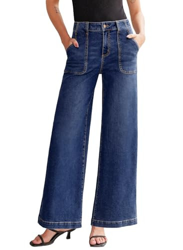 Sidefeel Womens Wide Leg Jeans High Waisted Stretchy Straight Leg Baggy Denim Pants with Pockets Bluing Size 2 | Amazon (US)