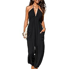 CUPSHE Women's Plunge Halter Sleeveless Pleated Long Romper Knit Jogger Maxi Jumpsuit with Pocket... | Amazon (US)