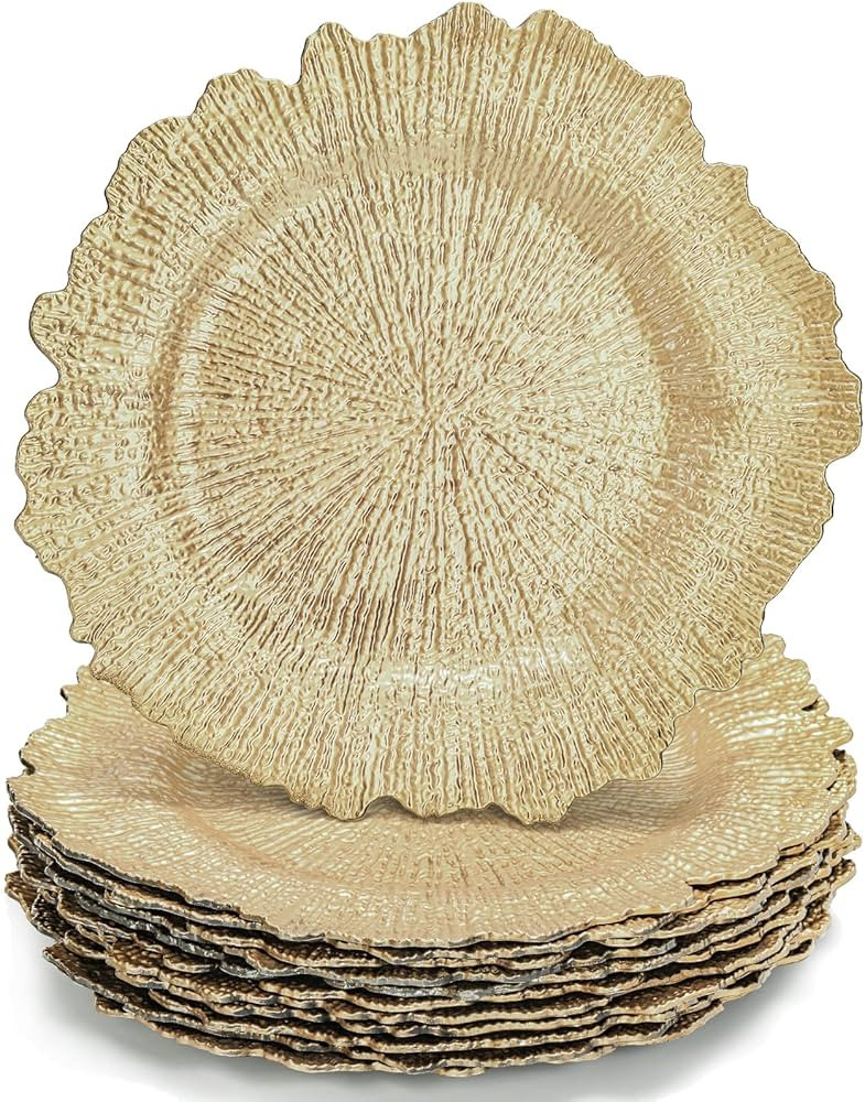 WUWEOT 12 Pack Gold Charger Plates, 12.7" Round Plastic Reef Plate Chargers with Flora Reef Desig... | Amazon (US)