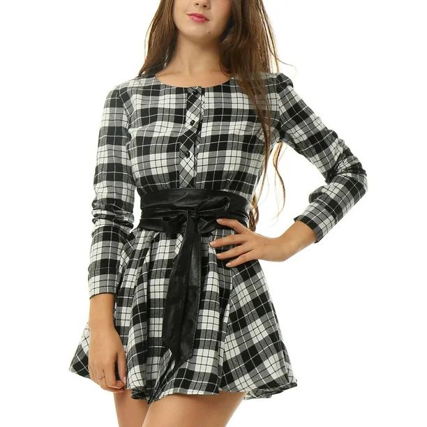 Allegra K Women's Plaids Print Long Sleeves Belted A-Line Casual Shirt Dress - Walmart.com | Walmart (US)