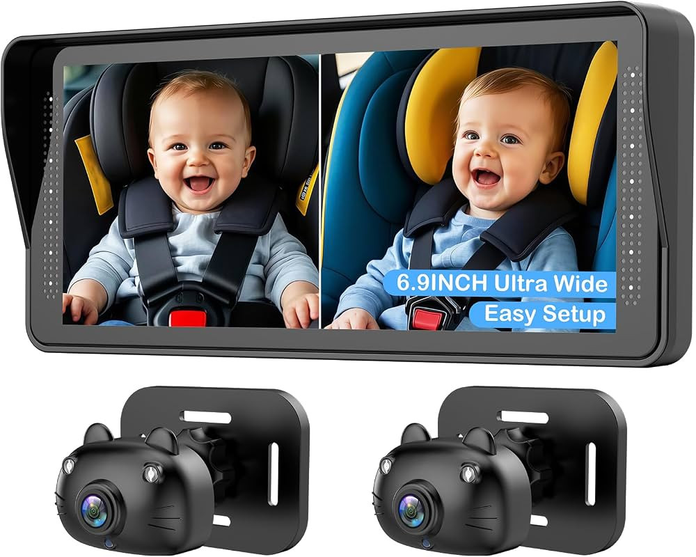 Dual Baby Car Camera for 2 Kids - 6.9'' Split Screen Ultrawide HD Display with Two Cameras, Easy ... | Amazon (US)