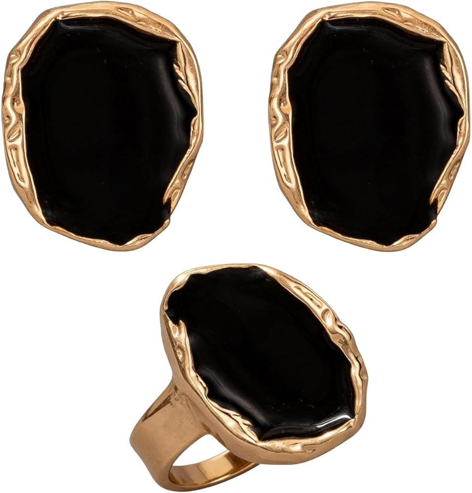 Vintage Gold Black Oval Big Chunky Earrings Rings Set, Black and Gold Geometric Earrings Bold Sta... | Amazon (US)