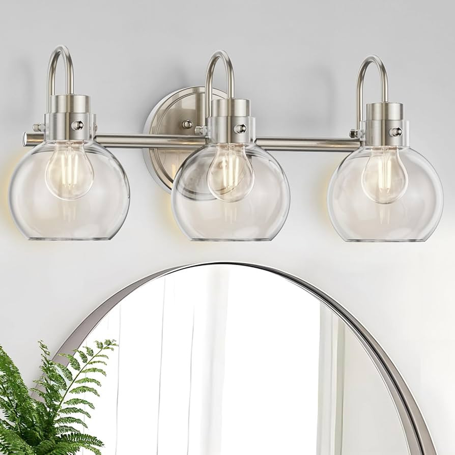 3 Lights Vanity Light, Brushed Nickel Bathroom Light Fixtures, Farmhouse Wall Sconces with Globe ... | Amazon (US)