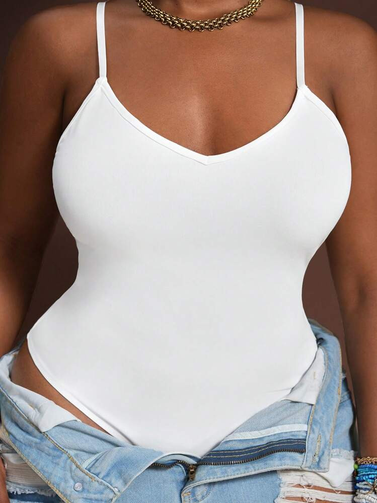 Slaydiva Plus Size Black Slim Fit Sleeveless Bodysuit, Autumn/Winter White | SHEIN