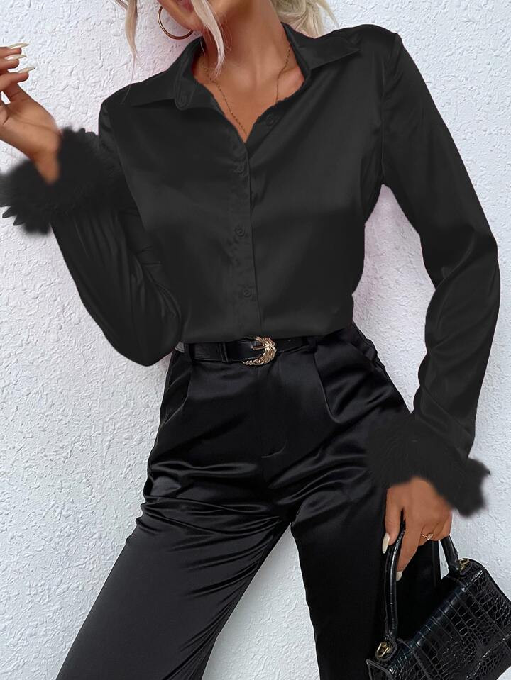 SHEIN BAE Fuzzy Cuff Satin Shirt | SHEIN