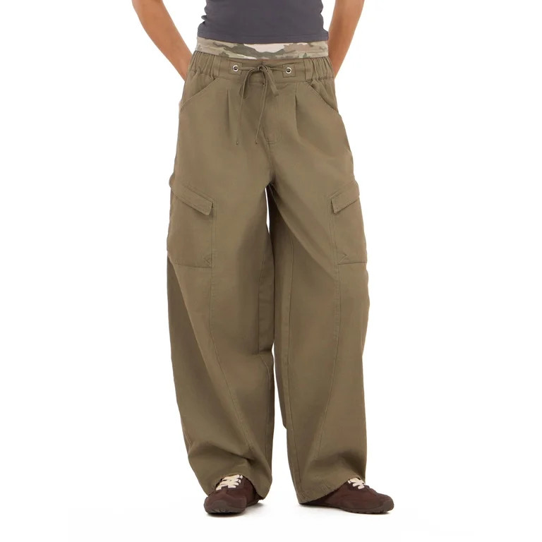 Forever 21 Women's Khaki Green Baggy Cargo Pants with Elastic Waist, Barrel-Leg Design for Everyd... | Walmart (US)