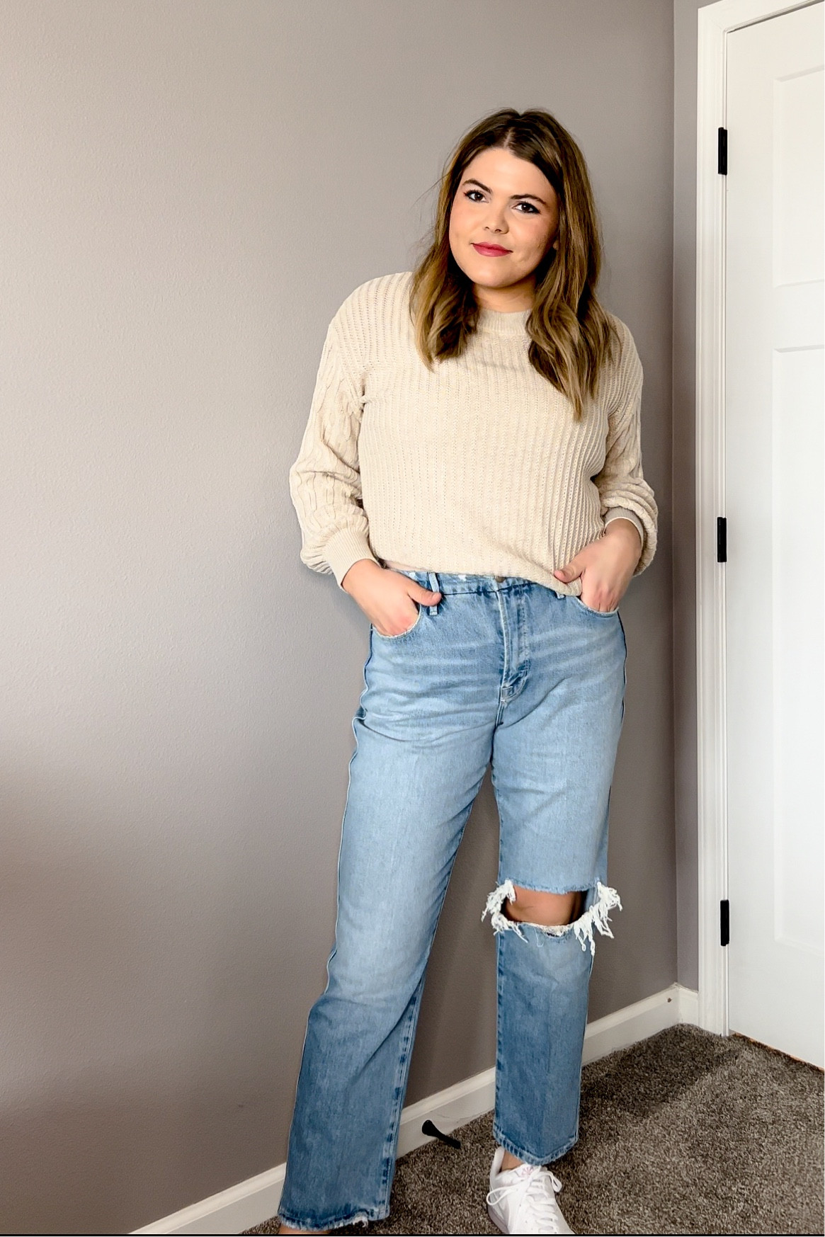 Casual winter outfit, sweater from Walmart, straight jeans from good American perfect amount of stretch and structure size 13 with white canvas Nike sneakers 

#LTKSeasonal #LTKFind #LTKcurves