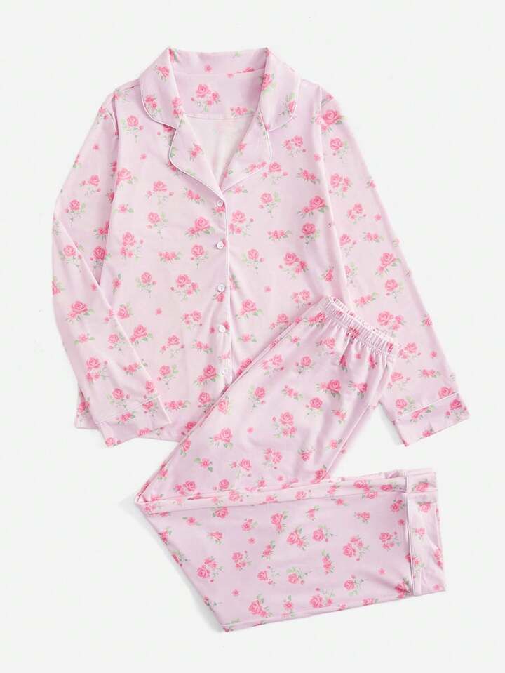 ROMWE Kawaii Women's Floral Print Long Sleeve Pajamas Set | SHEIN