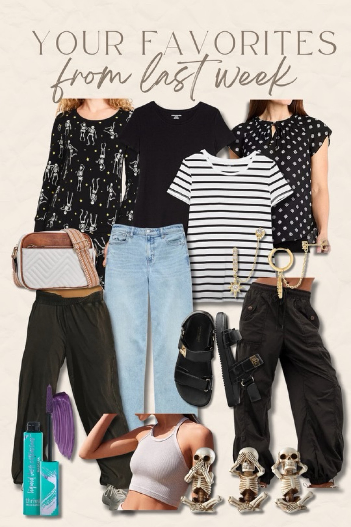 Old Navy skeleton pajamas, size large // Amazon basic tees, size medium (size down) // JCPenney blouse, size large // AE denim, size 10 (size down one) // Free People set, size large // Amazon cargos, size large // Amazon sandals, true to size // Free People tank, size M/L 

#LTKMidsize #LTKFindsUnder50 #LTKSaleAlert