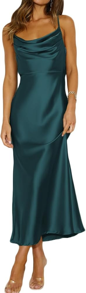 Summer Satin Spaghetti Strap Cowl Neck Backless Midi Dresses for Women Elegant Tie Low Back Ruche... | Amazon (US)
