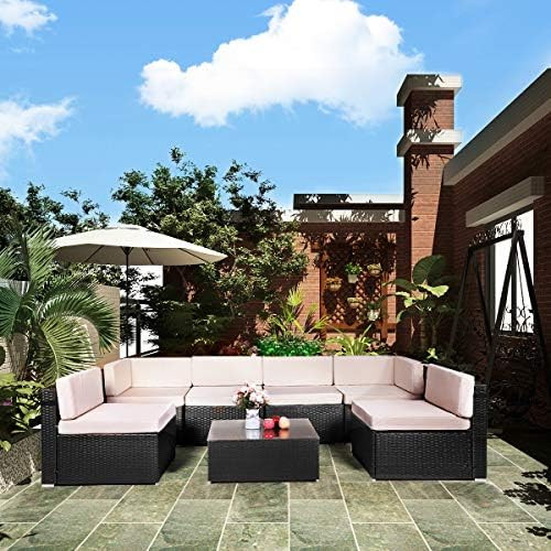 AECOJOY 7 Piece Patio PE Rattan Wicker Sofa Set, Outdoor Sectional Conversation Furniture Chair S... | Amazon (US)