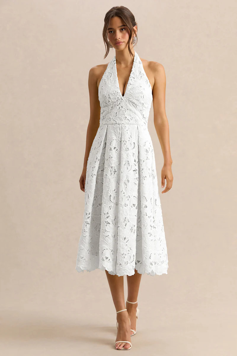 Maribel  White Lace Plunge-Neck Midi Dress | Club L London