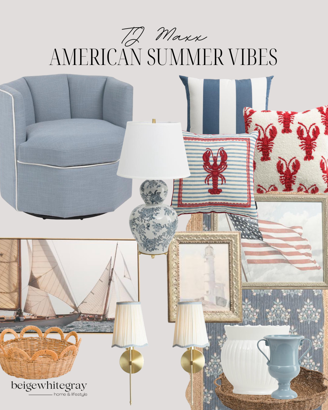 TJ Maxx American Summer Vibes
coastal grandmother decor, american summer decor, blue and white decor, lobster pillow, nautical home decor, summer coastal styling, hamptons inspired decor, patriotic summer home, woven baskets decor, blue accent chair, vintage coastal art, striped coastal pillows, lighthouse artwork, classic summer decor, coastal cottage interiors, preppy coastal style, seaside home inspiration, traditional coastal decor, blue and white summer styling, beigewhitegray

#LTKSeasonal #LTKHome #LTKSaleAlert
